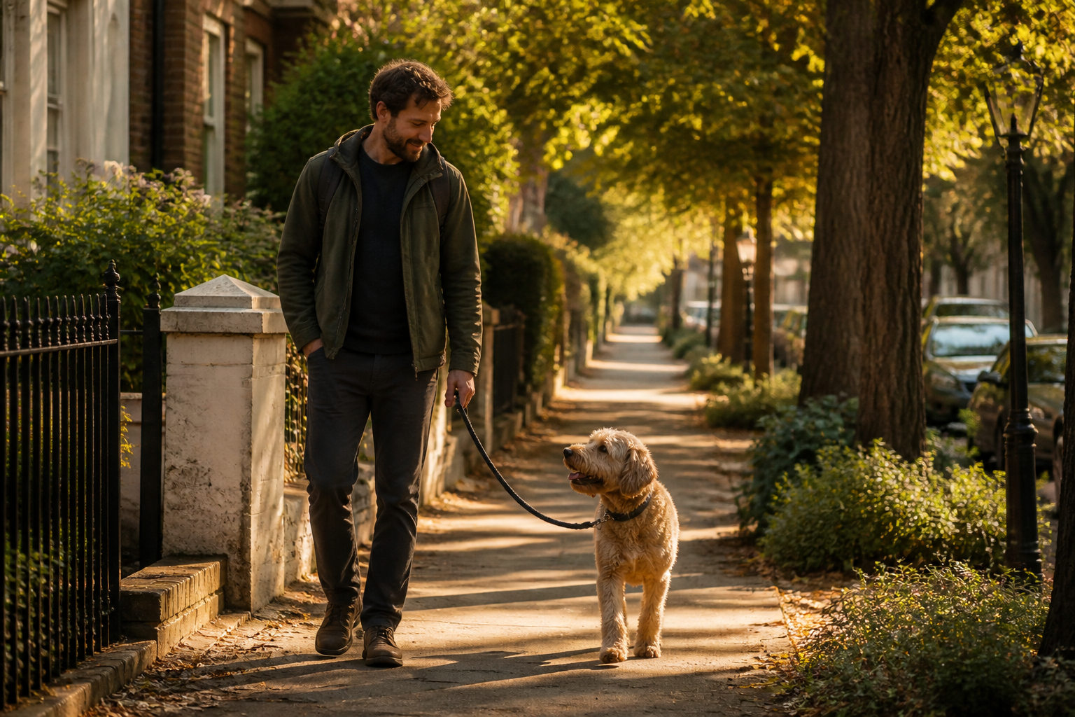 A scene from the Dog Walking Round practice world
